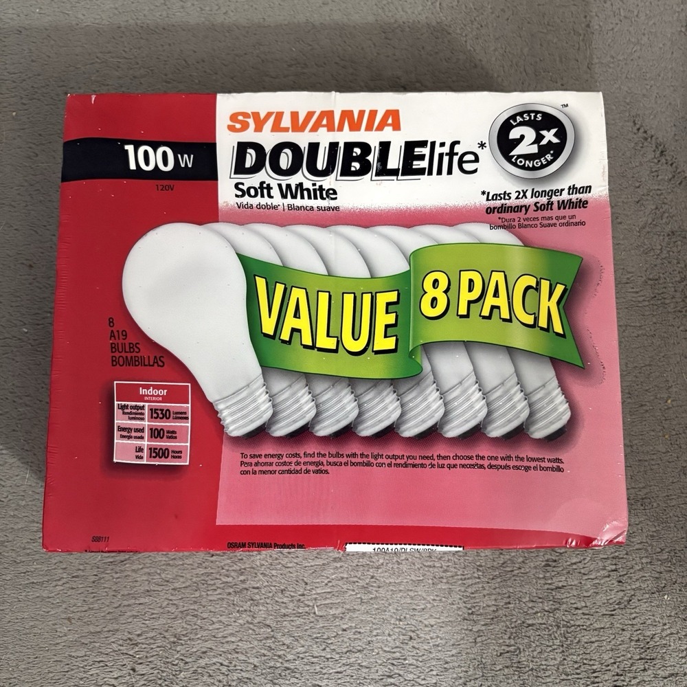 8 Pack Sylvania 100W Soft White Light Bulbs A19 NEW Sealed